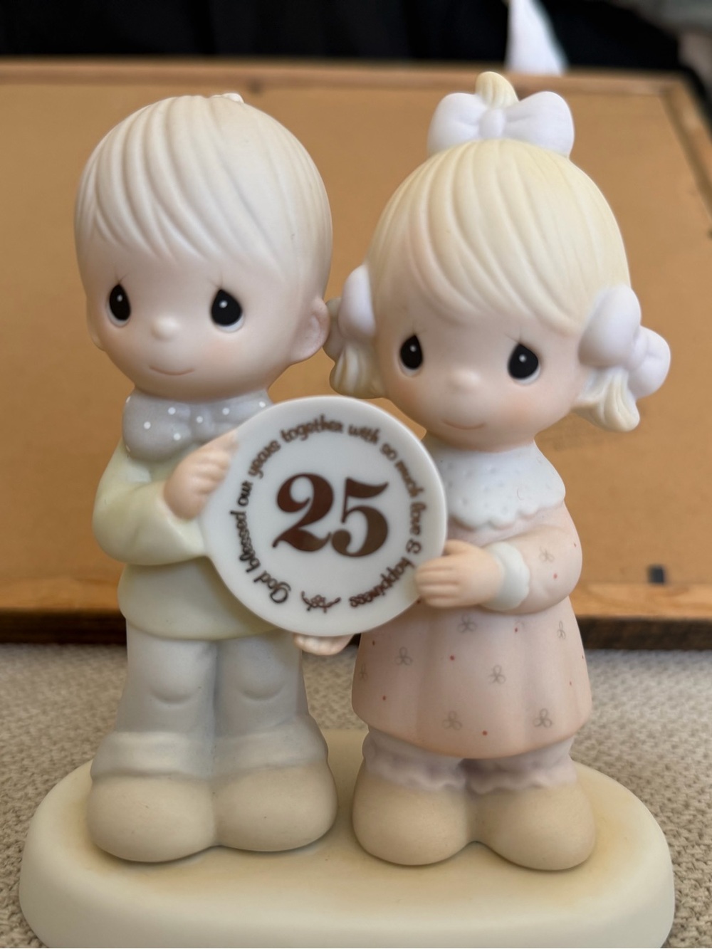 Precious Moments Cream, Pale Pink & Brown 25th Anniversary Couple Figurine